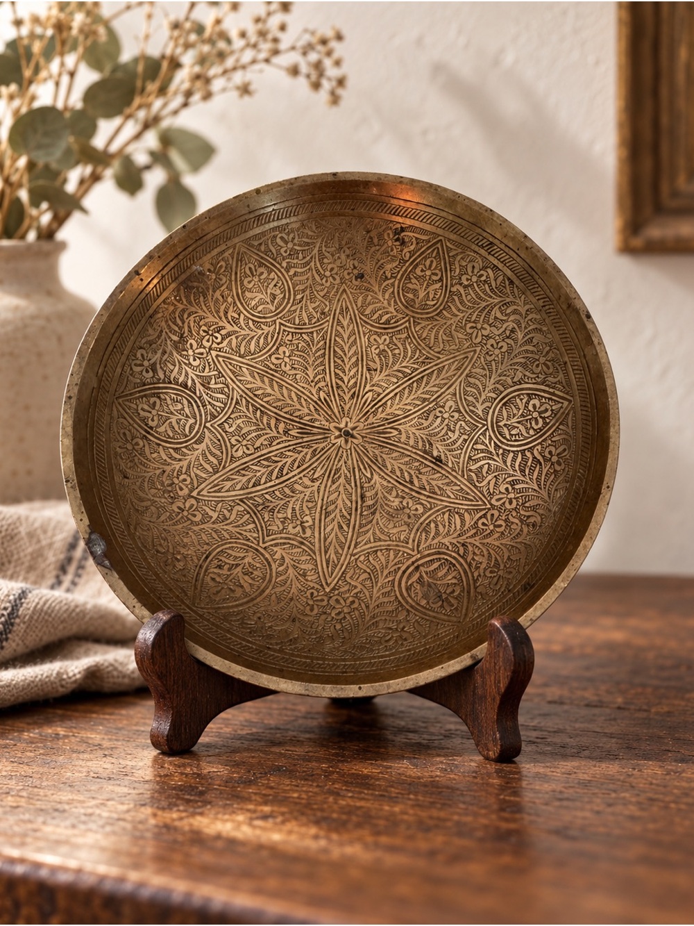 Vintage Indian Brass Engraved Footed Bowl Wall Plate Boho Floral Decor 6.25 Inch